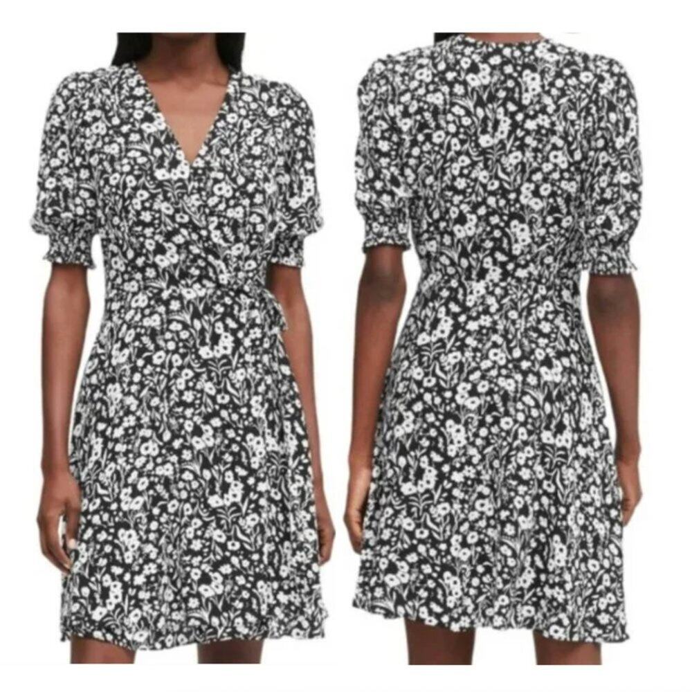 Banana Republic Black & White Floral Print Wrap Dress